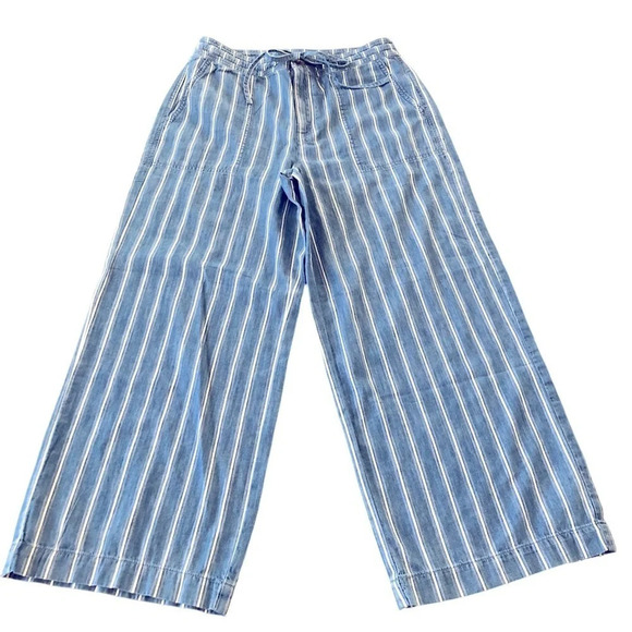American Eagle Size 2 Regular Blue Cotton Striped Wide Leg Crop Pants Cropped - Picture 3 of 8